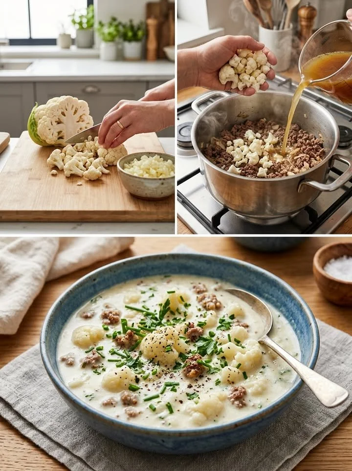 Schüssel mit cremiger Blumenkohl-Hacksuppe auf einem Holztisch