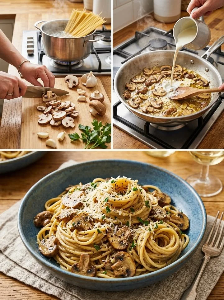 Cremige Champignon-Spaghetti mit frischen Zutaten