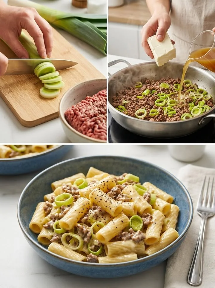 Cremige Käse-Lauch-Pasta mit Hackfleisch auf einem Teller angerichtet