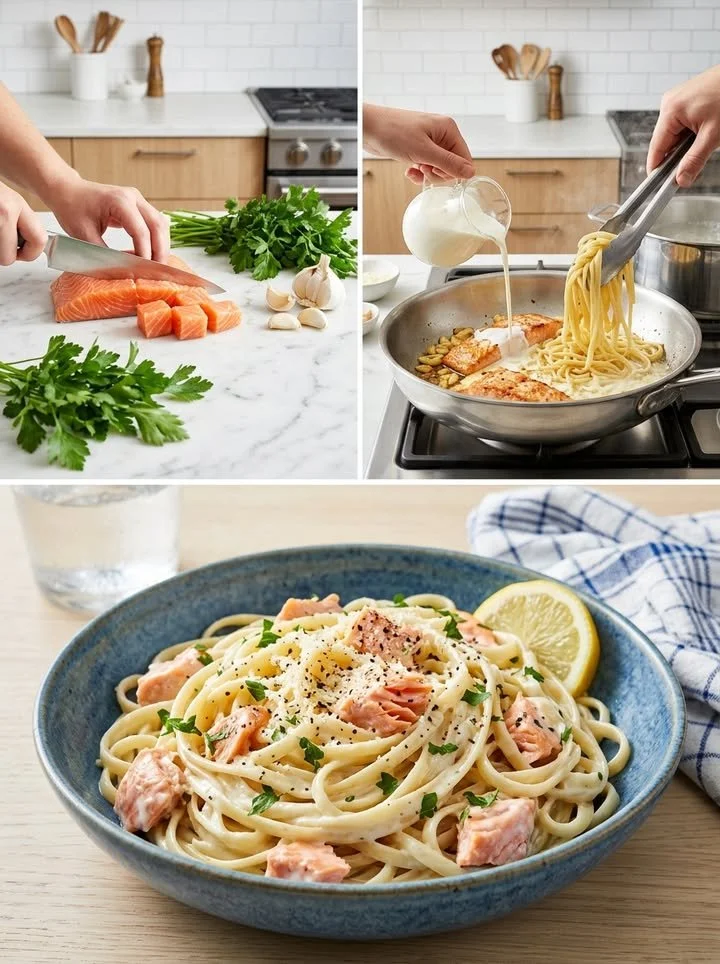 Cremige Lachs-Linguine mit Knoblauch und Petersilie auf dem Teller
