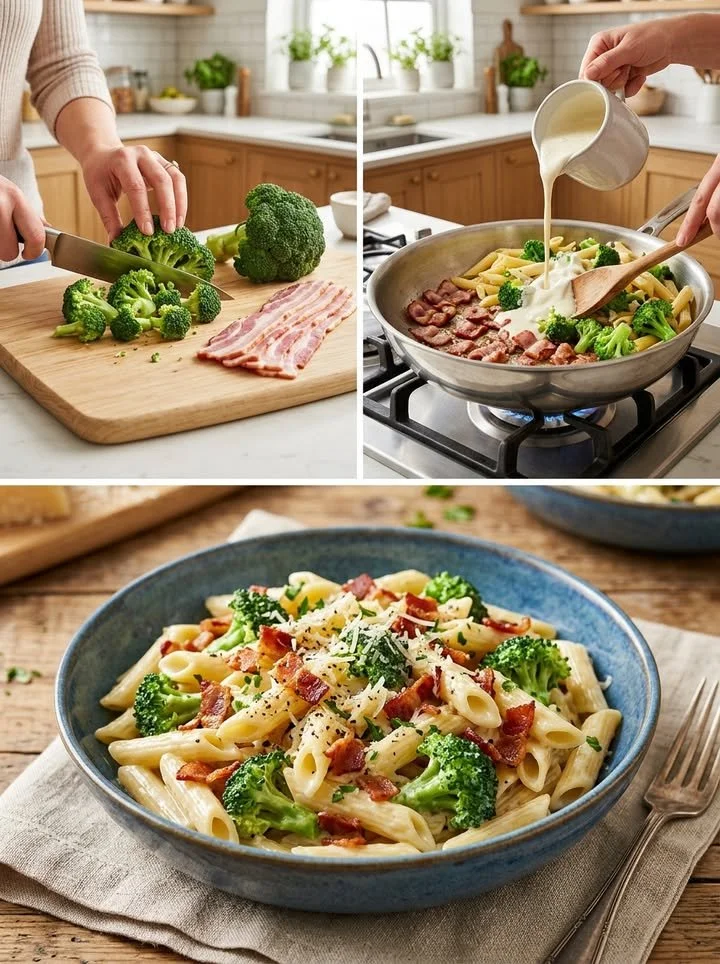 Cremige Pastapfanne mit Brokkoli und knusperndem Bacon serviert in einer Pfanne.