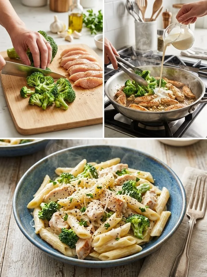 Cremige Penne mit Hähnchen und Brokkoli auf einem Teller angerichtet.