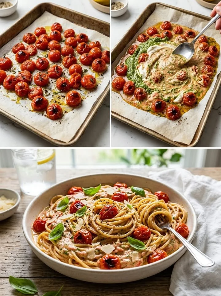 Cremige Pesto-Pasta mit gerösteten Tomaten auf einem Teller