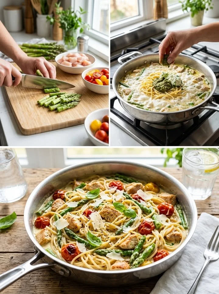 Cremige Spargel-Pasta mit Hähnchen auf einem Teller serviert