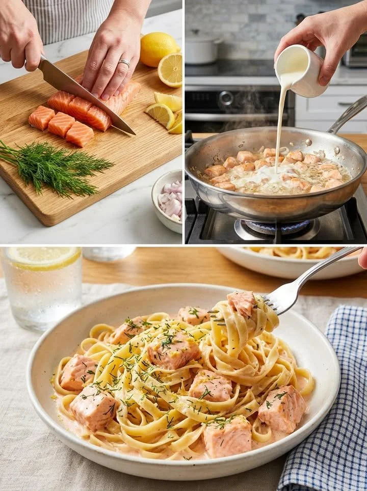 Cremige Tagliatelle mit Lachs, frisch zubereitet mit Sahnesauce und Kräutern