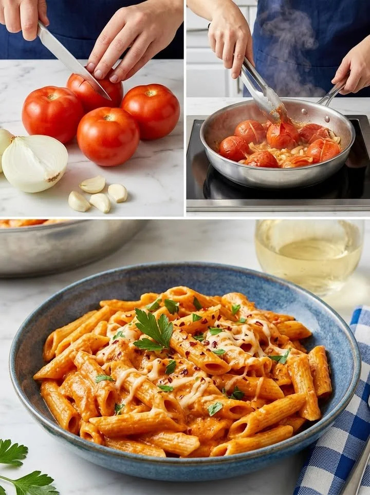 Schale mit cremigen Tomaten-Penne in einer köstlichen Soße
