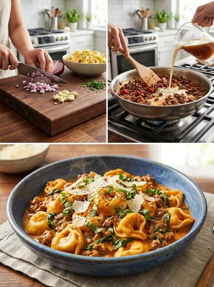 Cremige Tortellini-Pfanne mit würzigem Hack und frischem Gemüse