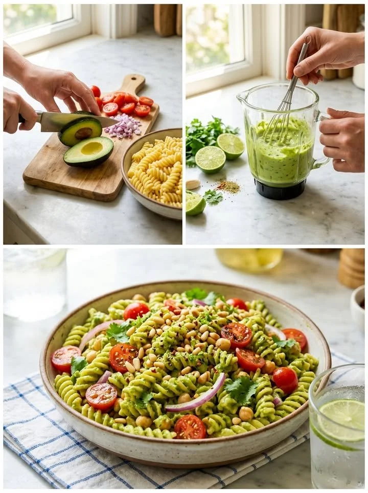 Cremiger Avocado-Pasta-Salat mit frischen Zutaten und einer leichten Dressing.