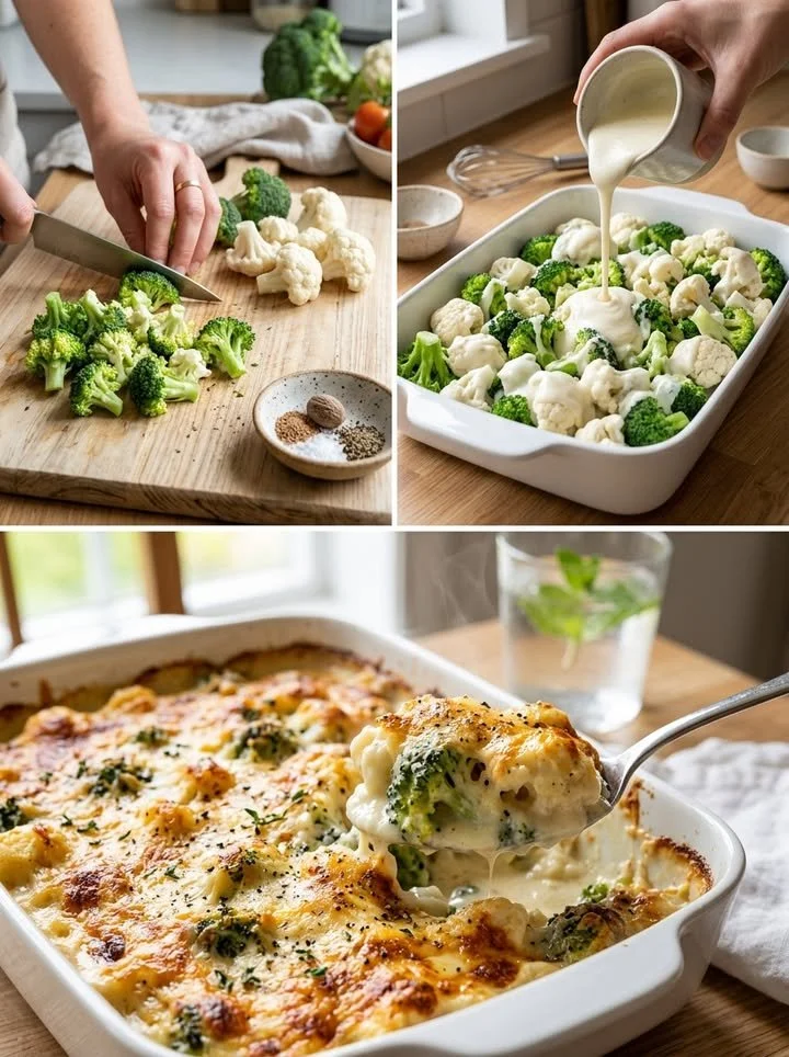 Creme-Brokkoli und Blumenkohl Auflauf mit Käse überbacken