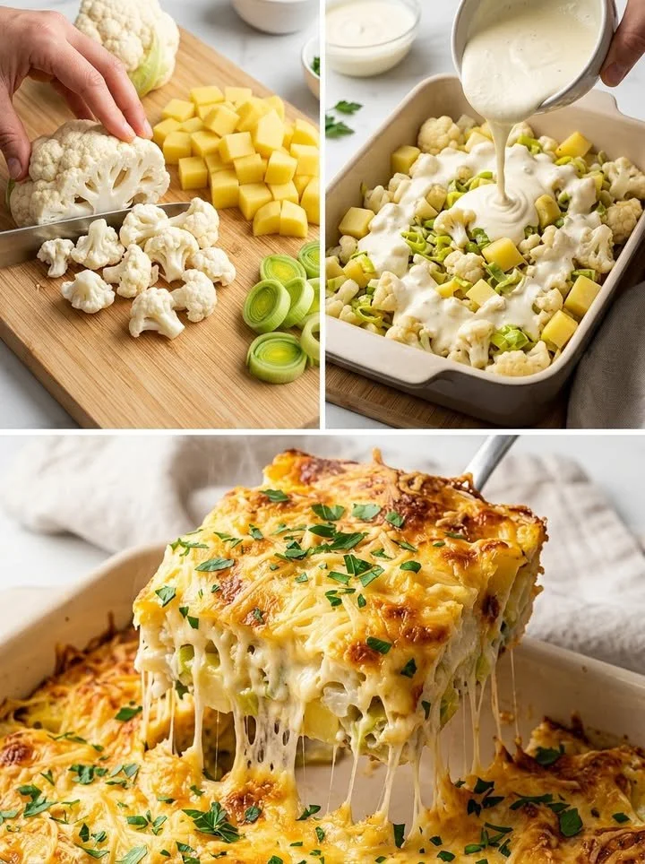 Cremiger Blumenkohl-Kartoffel-Auflauf mit Lauch und Käse überbacken