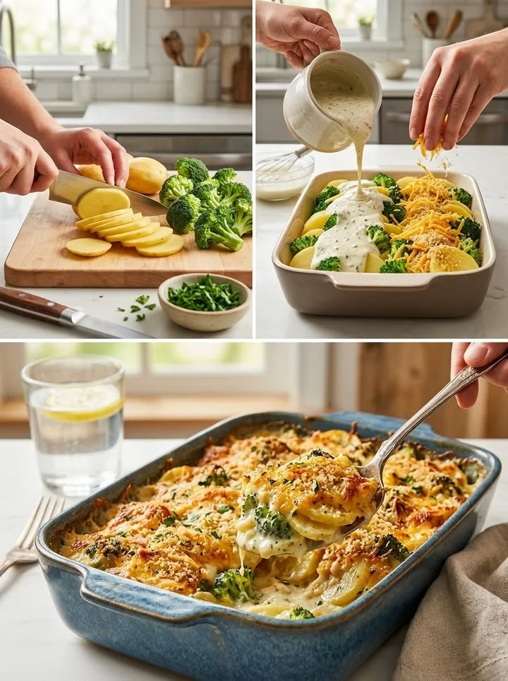 Cremiger Brokkoli-Kartoffel-Auflauf mit Käse überbacken