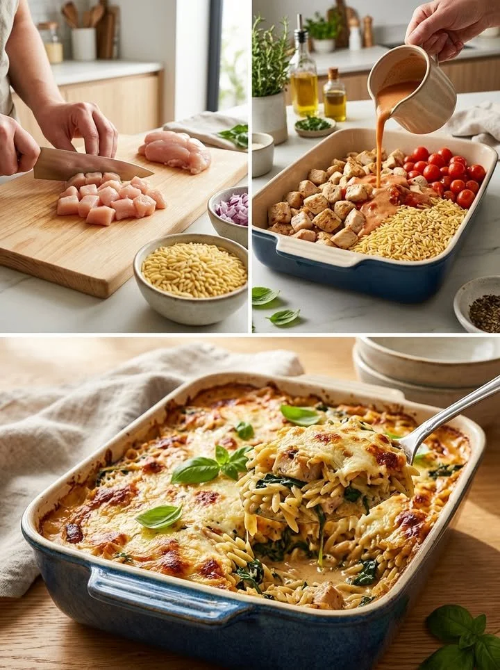 Cremiger Hähnchen-Orzo-Auflauf mit frischen Zutaten und würzigem Geschmack