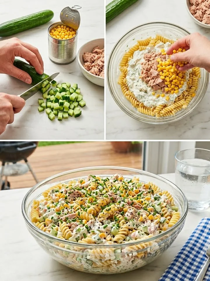 Cremiger Nudelsalat mit Thunfisch, Mais und Gurke auf einem Teller
