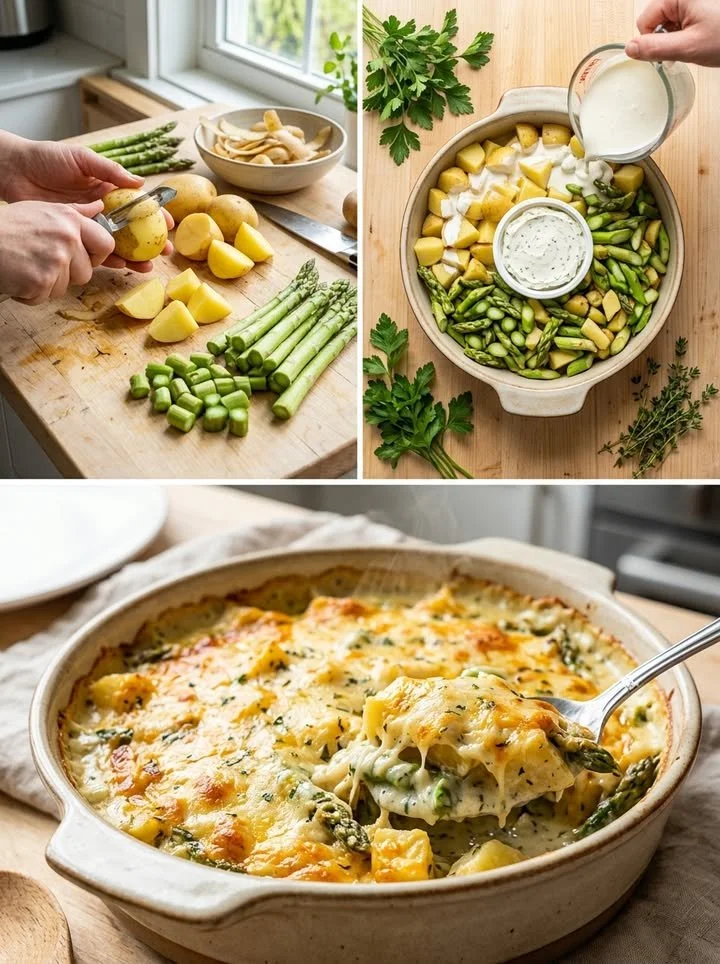 Cremiger Spargel-Kartoffel-Auflauf mit frischem Spargel und Kartoffeln