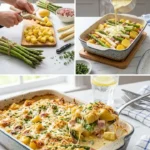 Cremiger Spargel-Kartoffel-Auflauf mit Schinken auf einem Teller serviert
