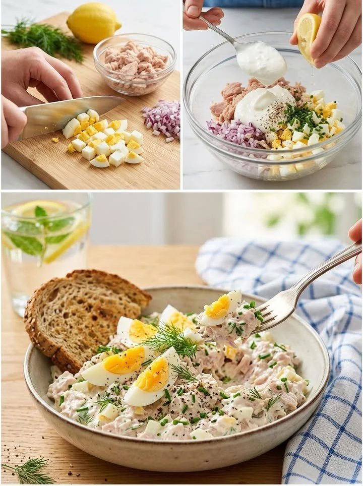 Cremiger Thunfischsalat mit Ei und Joghurt auf einem frischen Salatbett