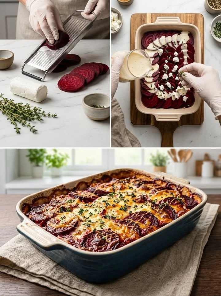 Cremiges Rote-Bete-Gratin mit Ziegenkäse und Honig auf einem Teller.