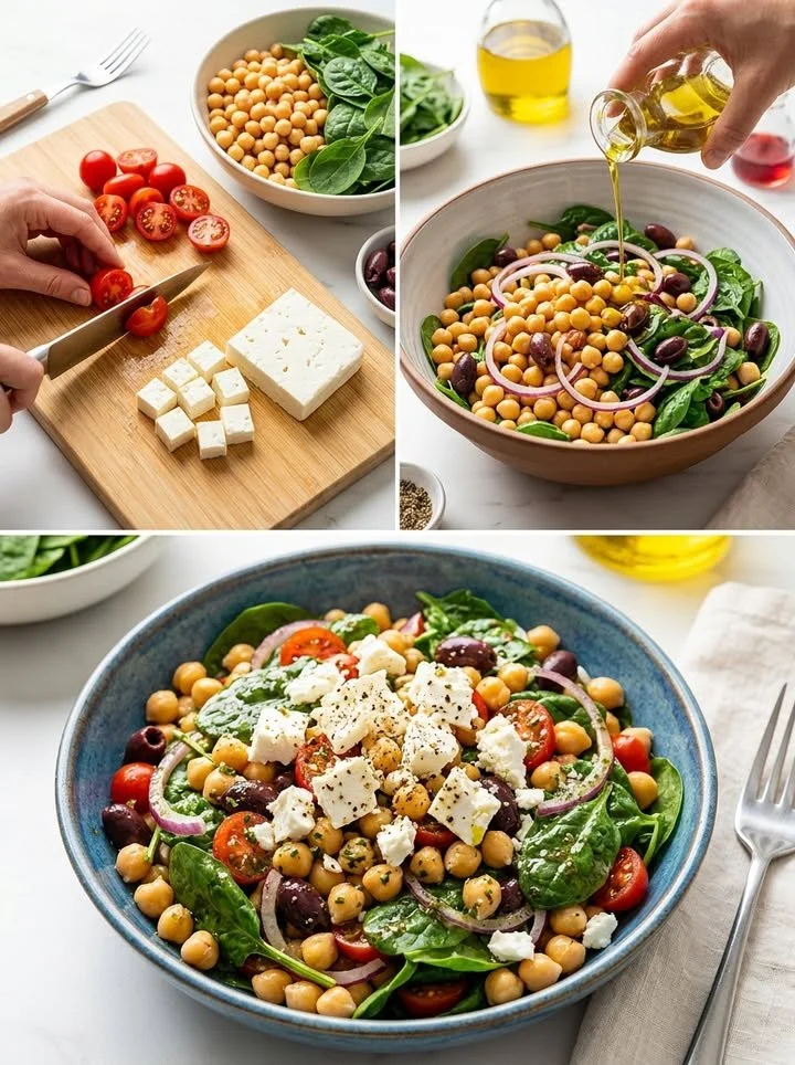 Crispy Chickpea Salad with Spinach and Feta in a bowl