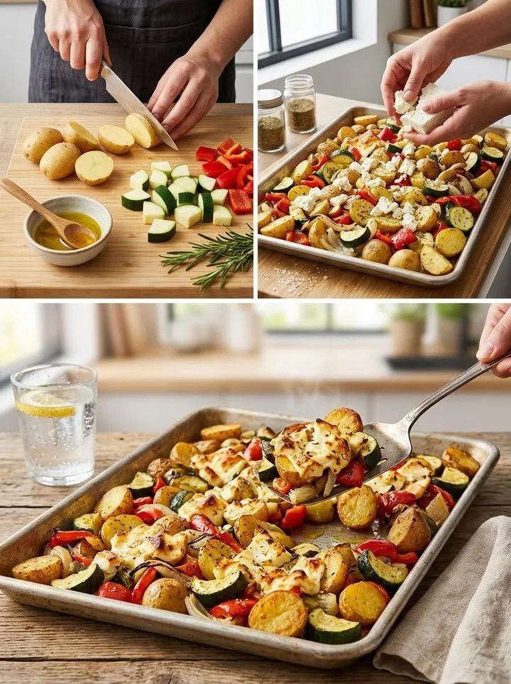 Crispy Feta Potatoes serviert mit buntem Ofengemüse auf einem Teller