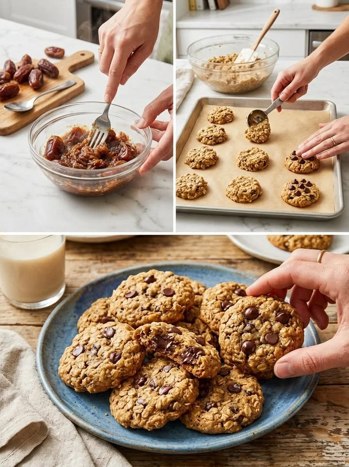 Leckere Dattel-Bananen-Cookies auf einem Holzbrett serviert.