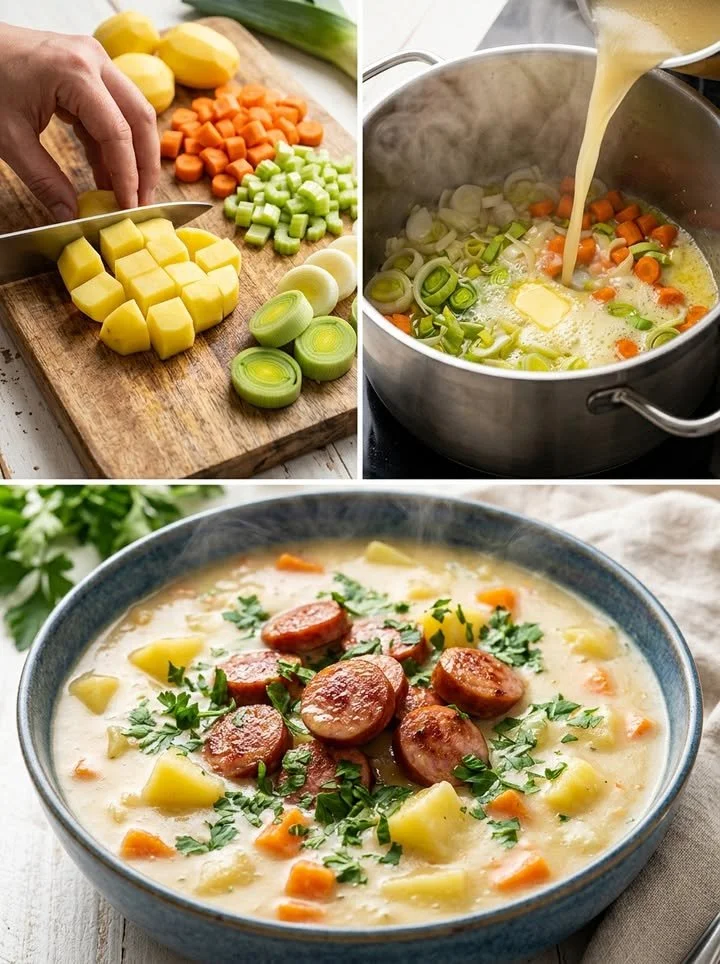 Eine Schüssel klassischer Kartoffelsuppe mit frischen Kräutern und leckerem Brot