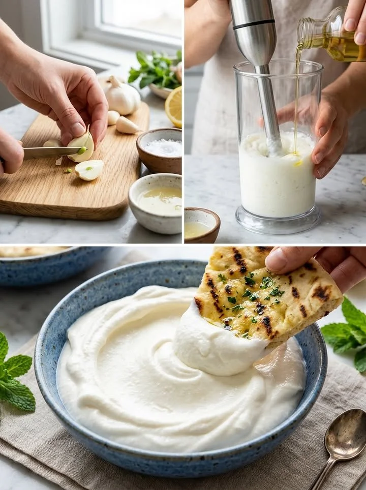 Cremige Knoblauchcreme in einer Schüssel, ideal für Dips und Saucen.