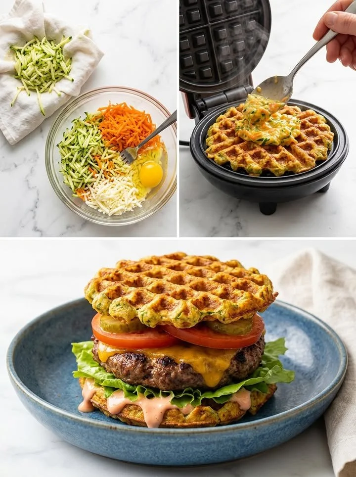 Knuspriger Low-Carb Waffle Burger auf einem Teller