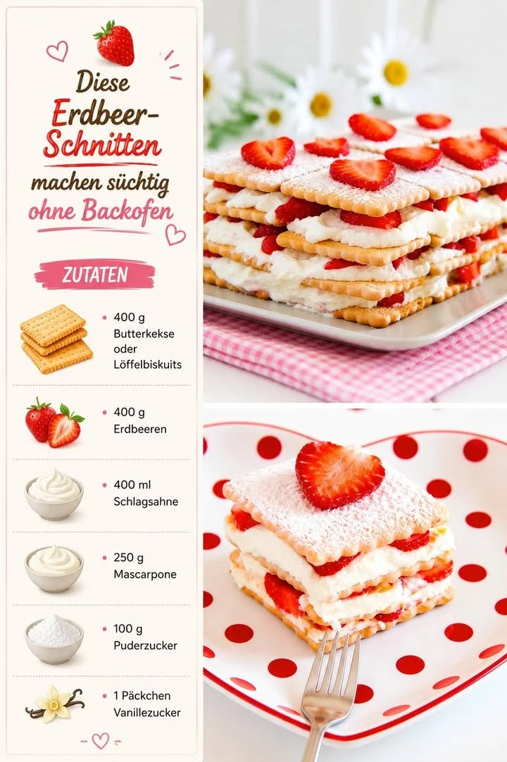 Erdbeer-Schnitten mit frischen Erdbeeren und Sahne auf einem Teller