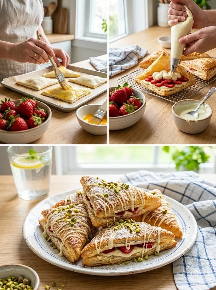 Erdbeer-Vanille-Teilchen auf einem Teller mit frischen Erdbeeren und Sahne