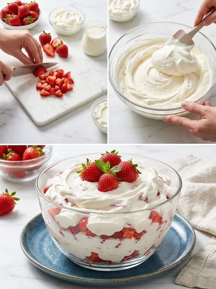 Erdbeerwolke Dessert mit frischen Erdbeeren und Sahne