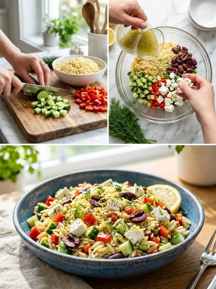 Erfrischender griechischer Zitronen-Orzo-Salat mit Feta und Zitrone