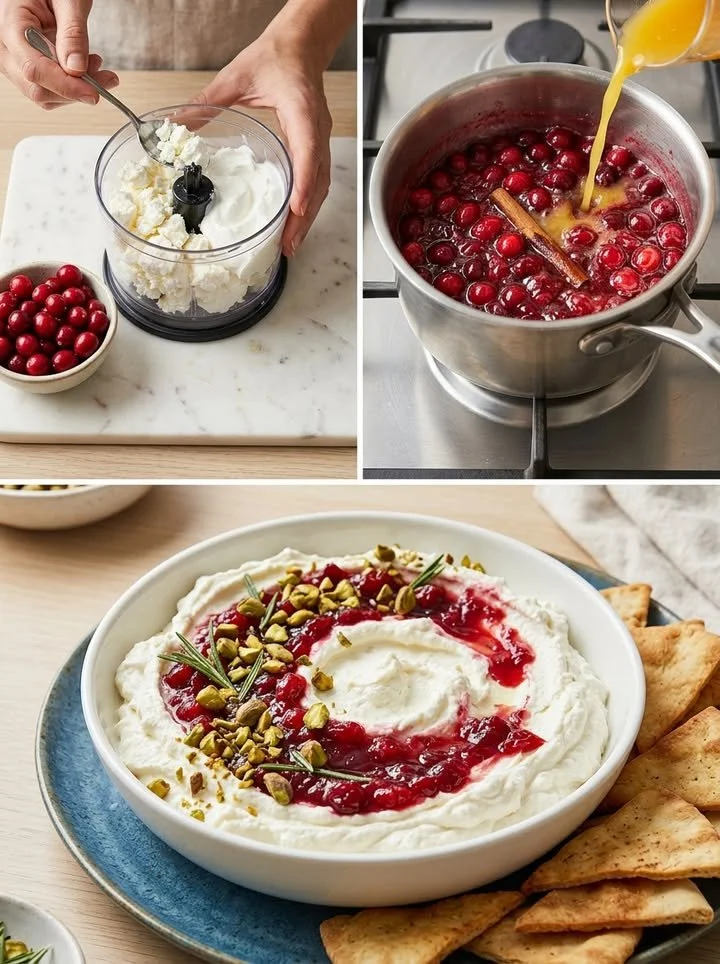 Fluffig aufgeschlagener Feta mit warmem Rubin-Cranberry-Kompott auf einem Teller