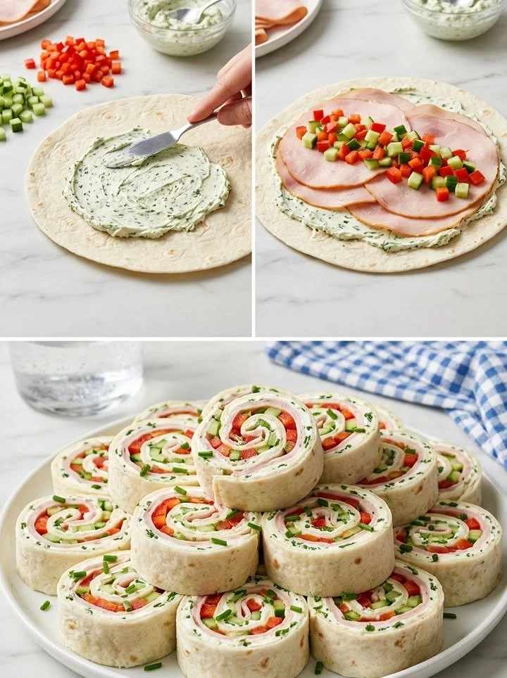 Leckere Frischkäse-Röllchen auf einem Teller, angereichert mit frischen Kräutern.