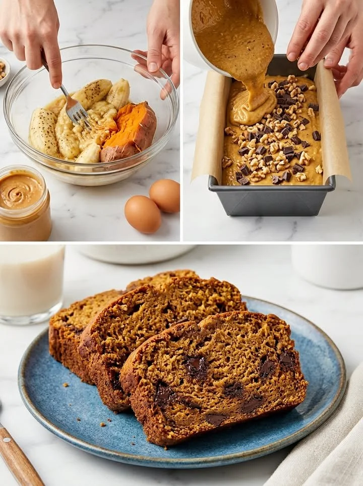 Saftiges Süßkartoffel-Bananen-Brot auf einem rustikalen Holzbrett.