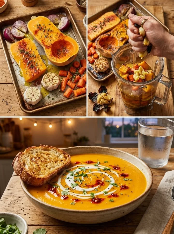 Schüssel mit gerösteter Butternut-Suppe, dekoriert mit frischen Kräutern