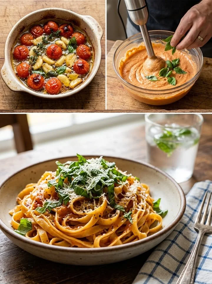 Geröstete Kirschtomaten-Butter-Pasta mit frischen Kräutern auf einem Teller.