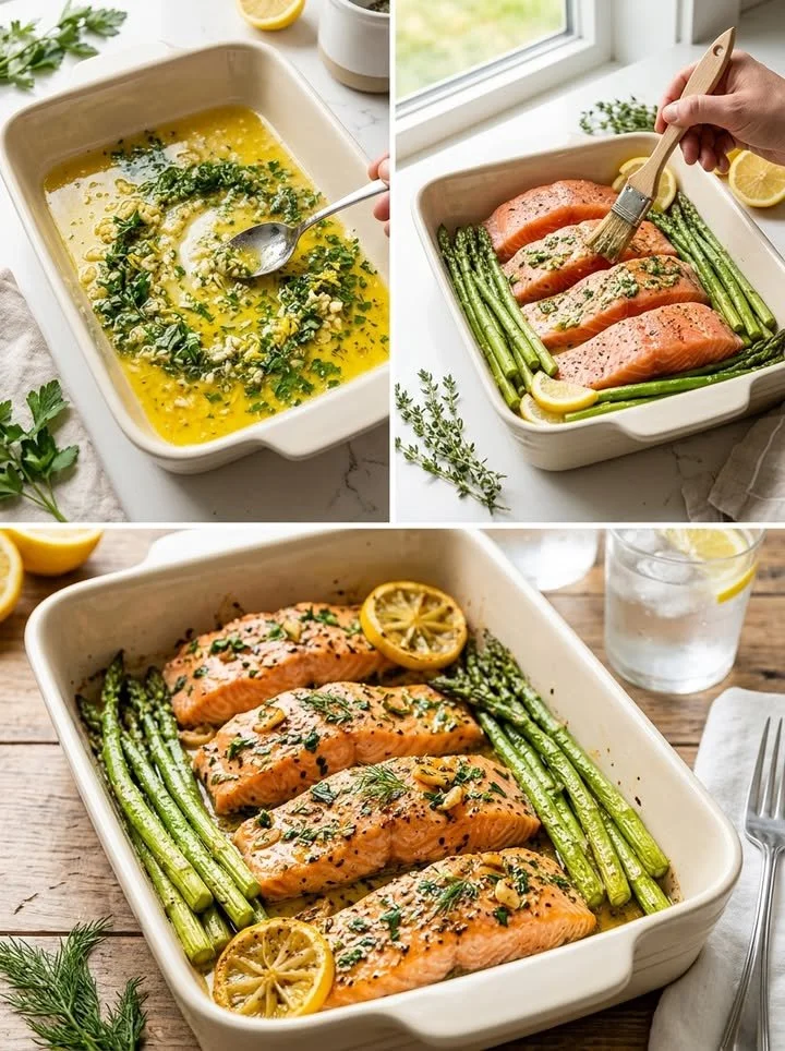Gerösteter Knoblauch- und Kräuterbutter-Lachs schön angerichtet auf einem Teller.