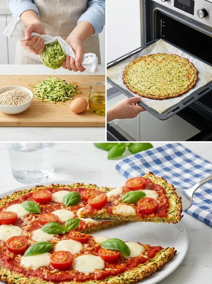 Gesunde Zucchini-Haferflocken-Pizza mit frischen Zutaten und knuspriger Kruste.