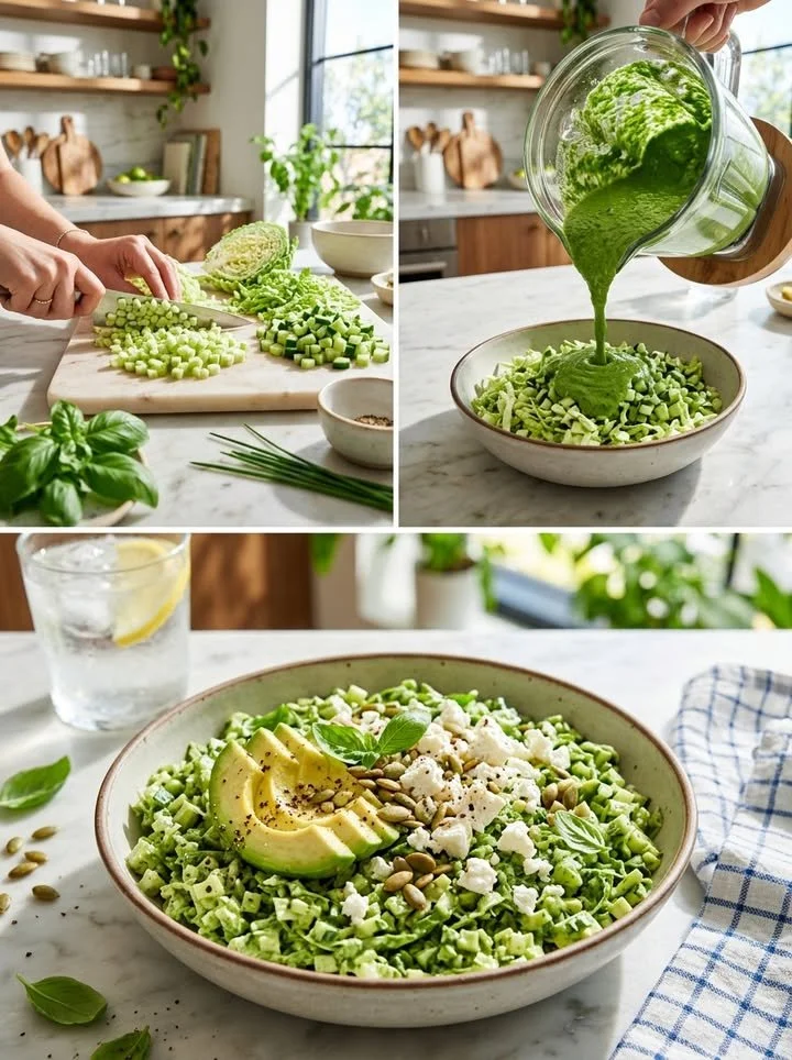 Grüne Göttin Salat mit Avocado und Feta auf einem Teller serviert