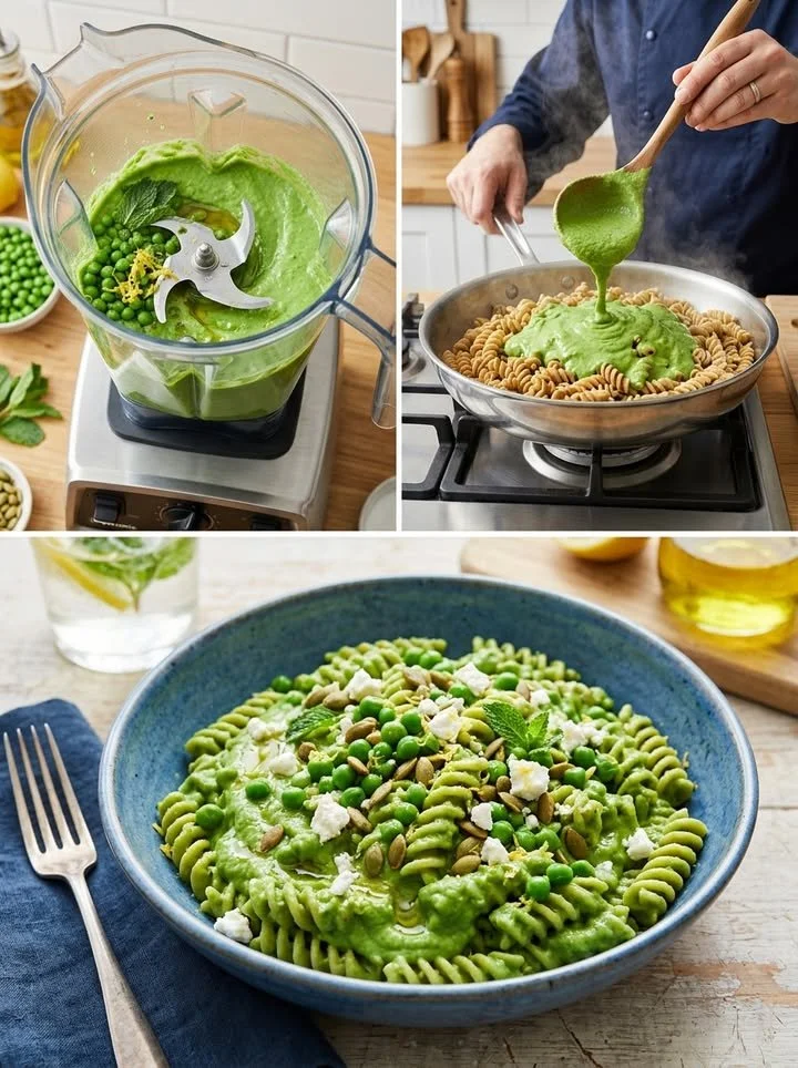 Cremige Erbsen-Pasta mit frischen Zutaten und hoher Proteinquelle.