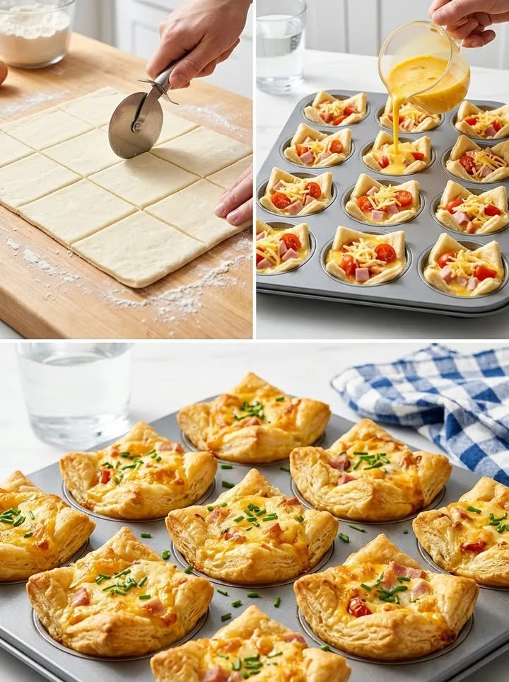 Herzhafte Frühstücks-Muffins mit frischen Zutaten auf einem Holzbrett