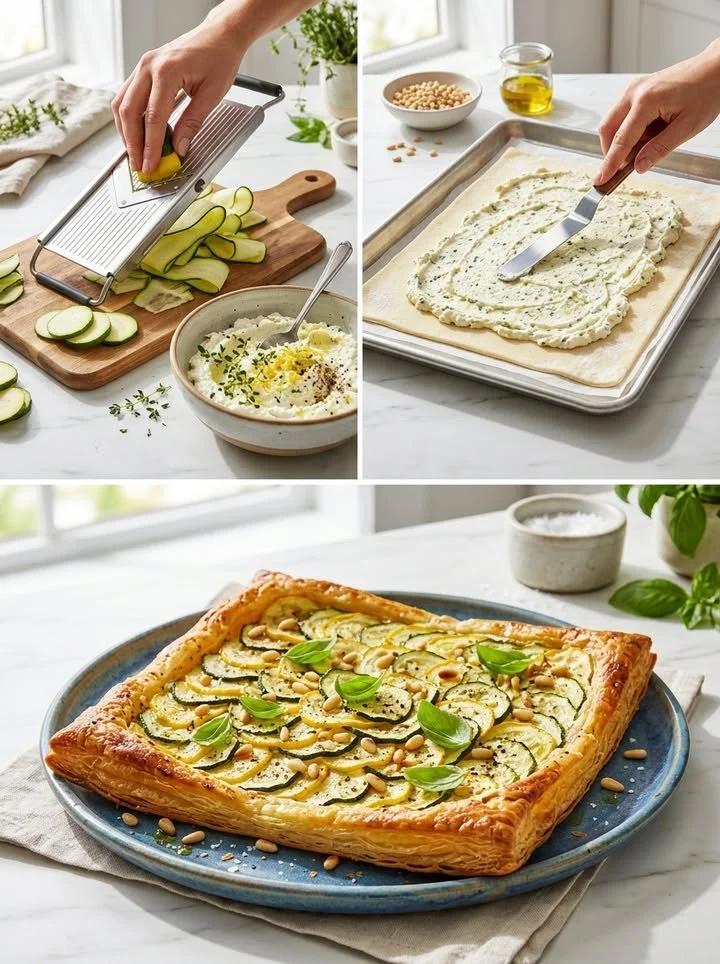 Herzhafte Zucchini-Tarte mit Zitronen-Ricotta-Creme auf einem Teller serviert.