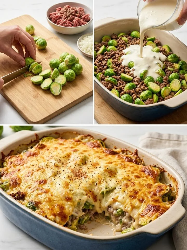 Herzhafter Rosenkohl-Hackfleisch-Auflauf mit Käse überbacken