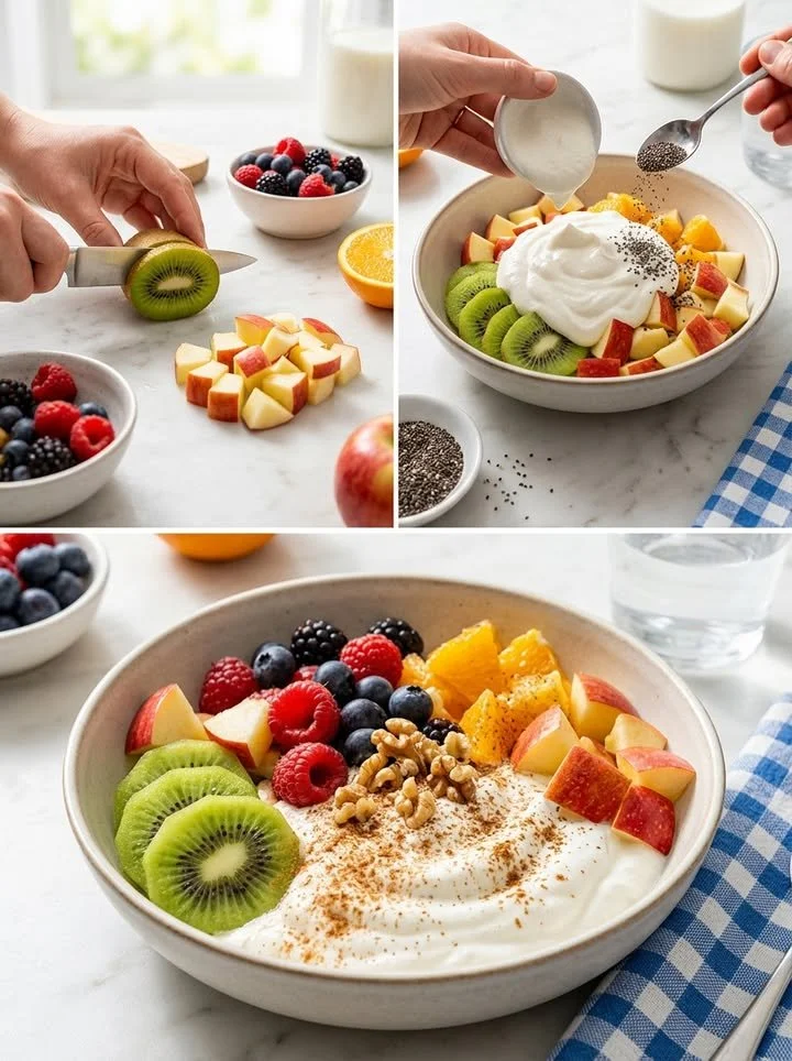 High-Protein Obstschale mit frischem Obst und Nüssen für einen gesunden Snack