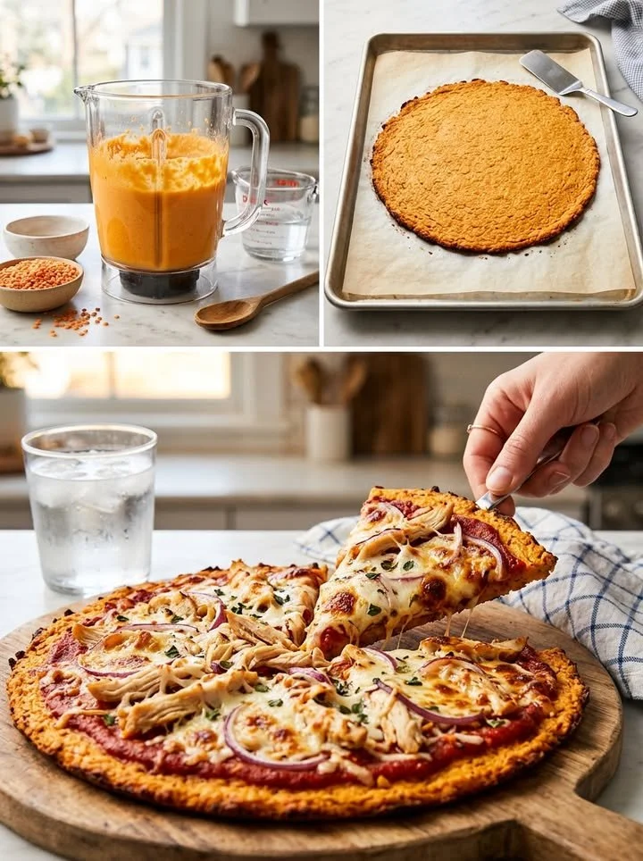 Proteinreiche Rote-Linsen-Pizza auf einem Holzbrett serviert.