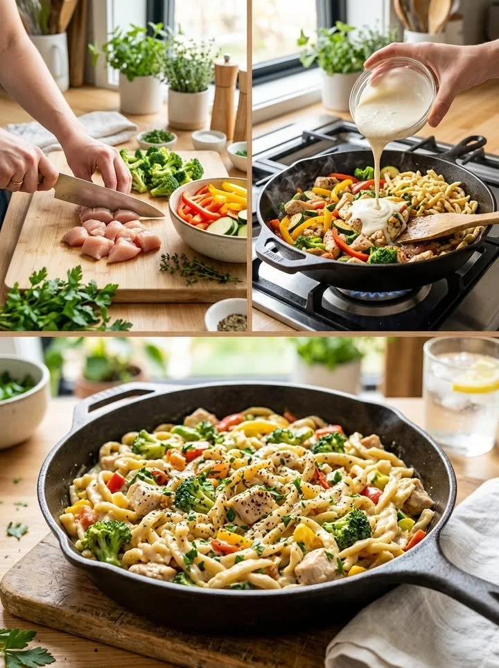 Hochproteinhaltige Spätzle-Pfanne mit Gemüse und Gewürzen