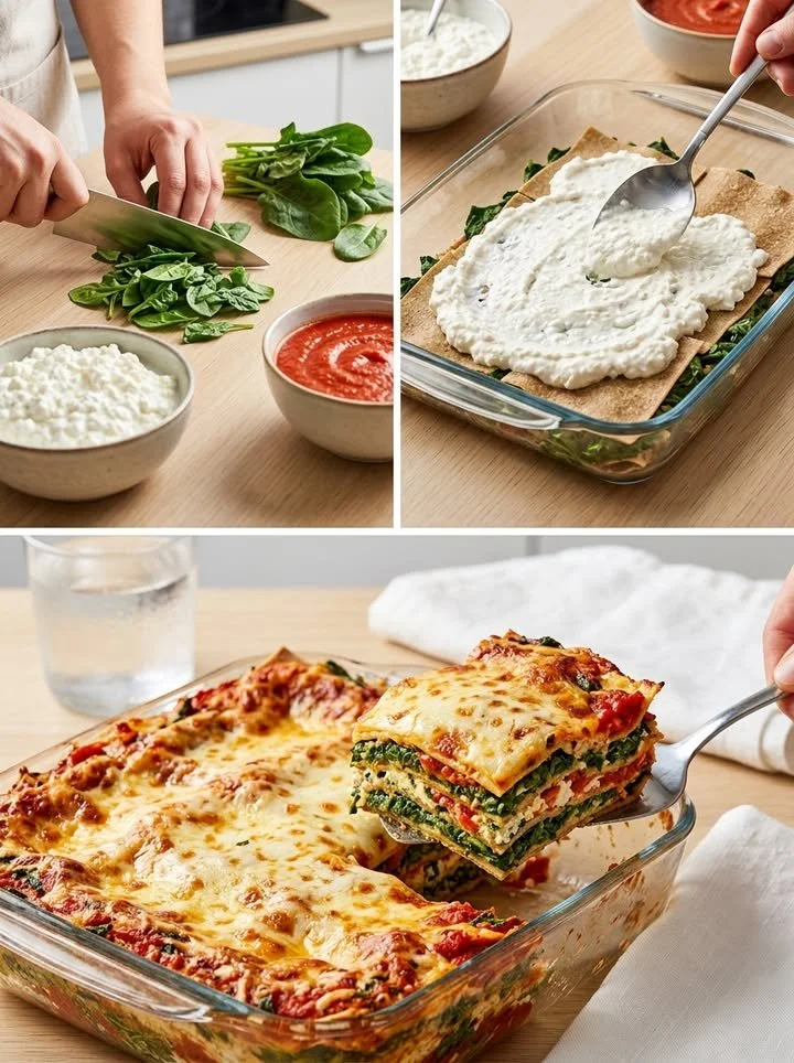 Hohe Protein Spinat-Lasagne mit frischem Spinat und Käseschichten