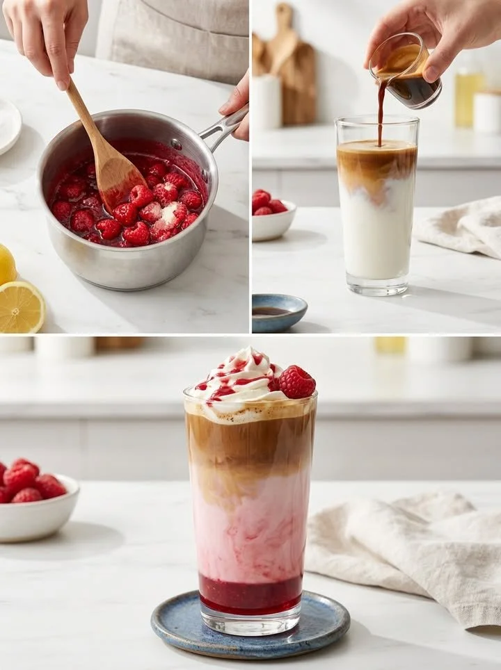 Himbeer-Latte in einem Glas mit frischen Himbeeren und Schlagsahne