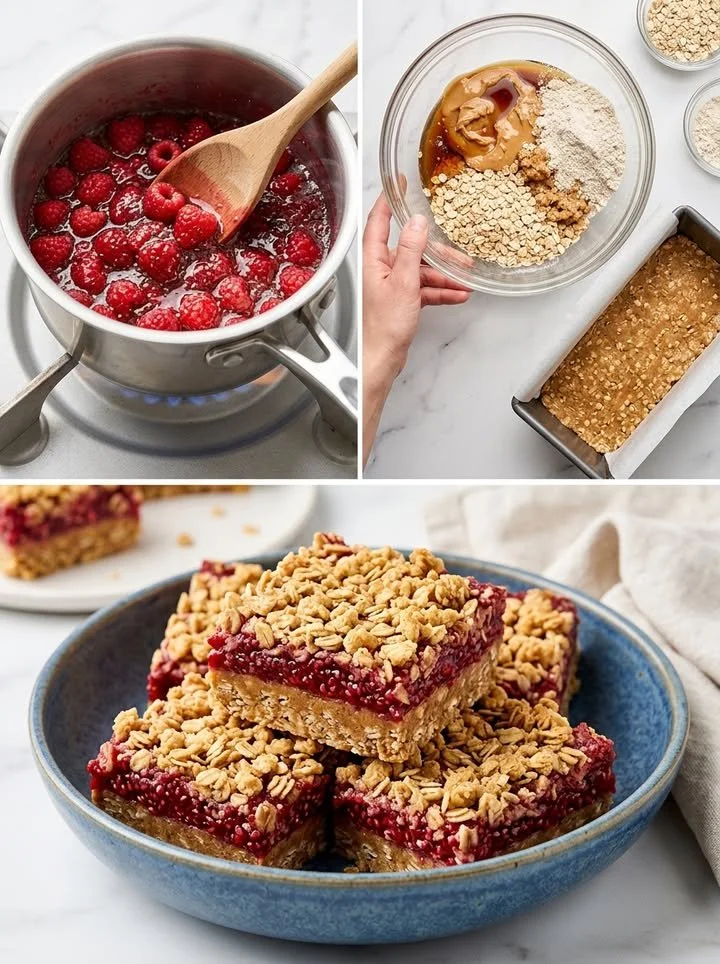 Vegane Himbeer-Erdnussbutter-Schnitten auf einem Teller, verziert mit frischen Himbeeren.
