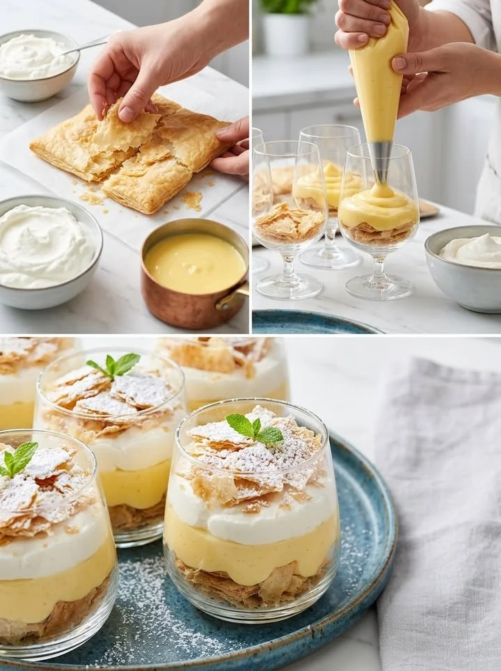Himmlisches Cremeschnitten-Dessert im Glas mit Sahne und Obst
